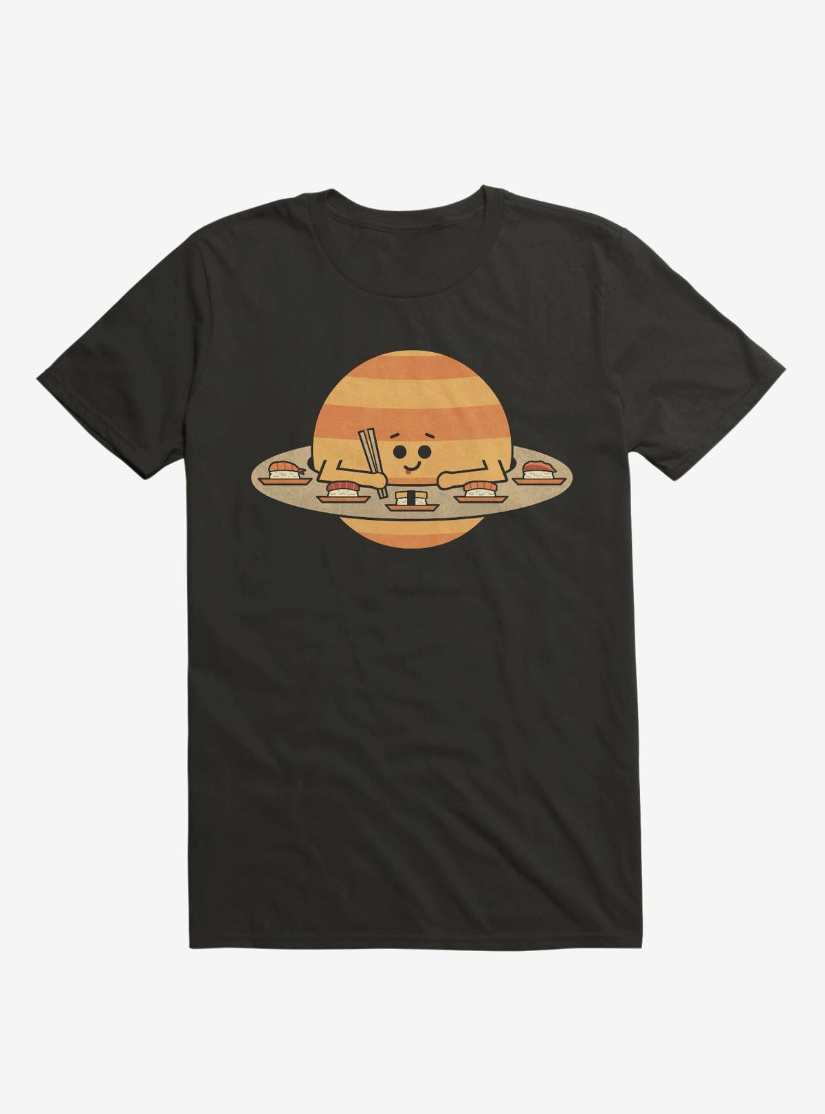 Saturn Eating Sushi Black T-Shirt
