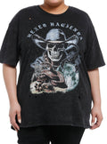 Cosmic Aura Skull Cowboy Destructed Mineral Wash Girls Oversized T-Shirt Plus Size