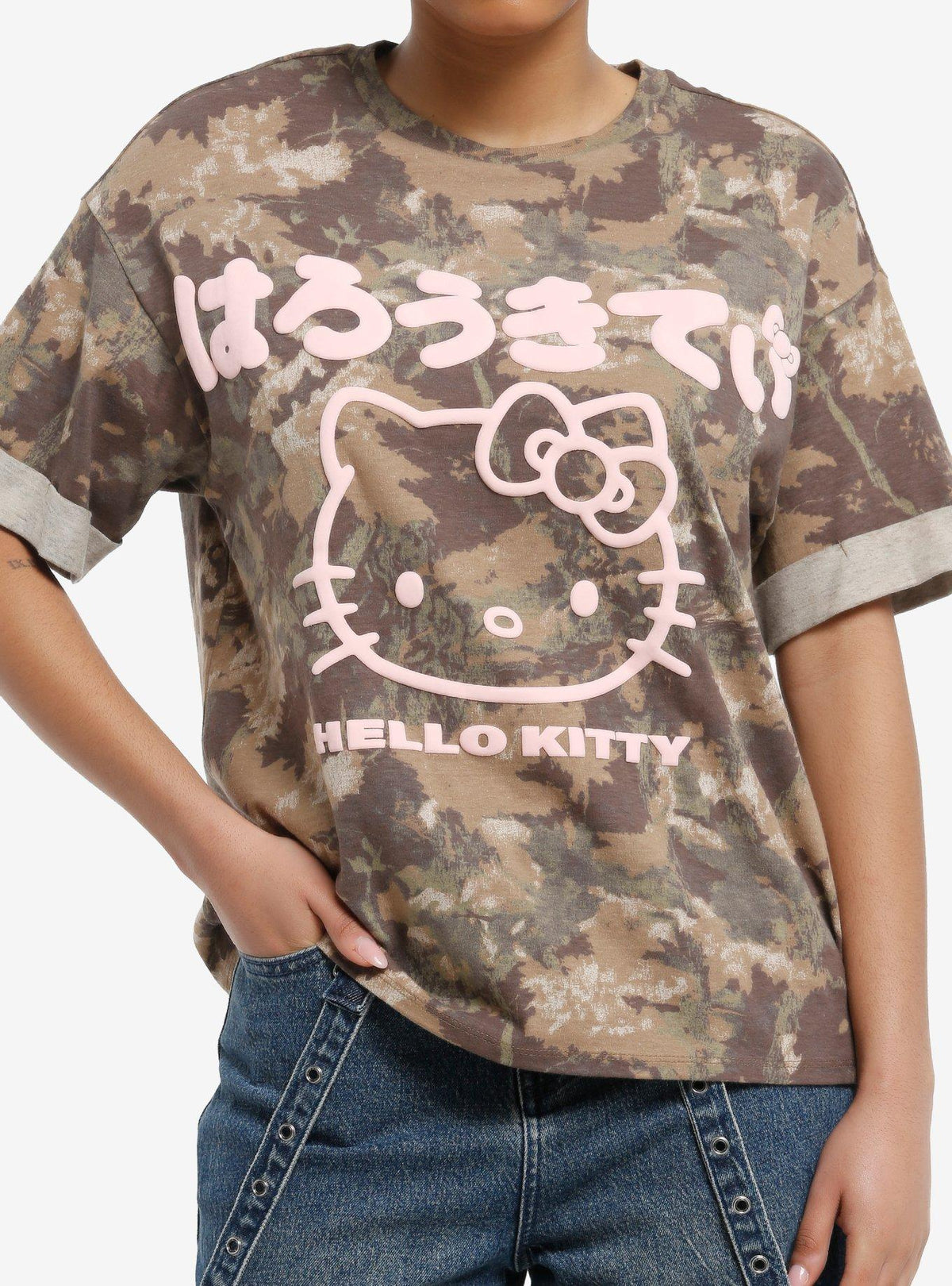 cute kitty Camo Pink Puff Print Boyfriend Fit Girls T-Shirt