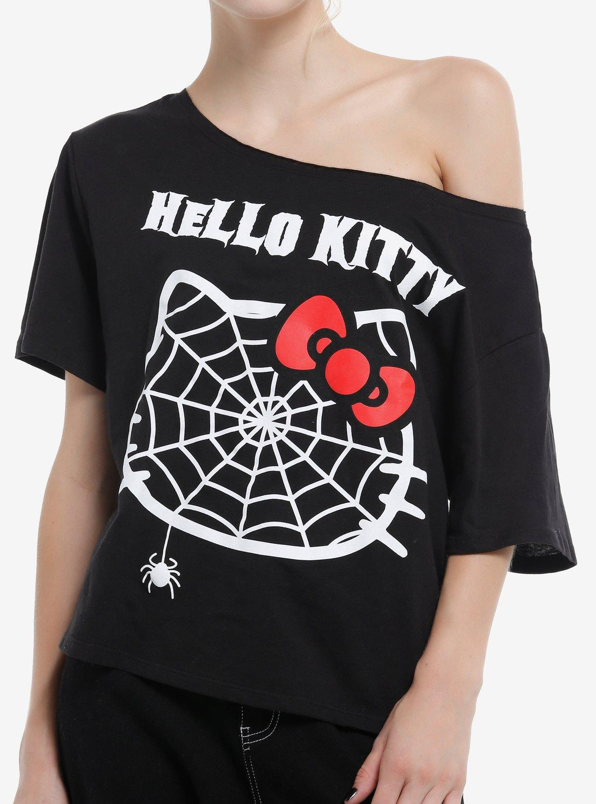 cute kitty Spiderweb Off-Shoulder Girls T-Shirt