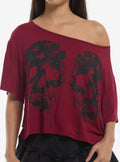 Maroon Black Glitter Skull Off-Shoulder Girls T-Shirt