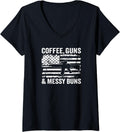 Womens Coffee Guns Messy Buns Pro Gun American Flag V Neck Apparel Everyday Wear
