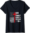 Womens God Family Guns Freedom Pro Gun Christian Usa Flag V Neck Apparel Gift Ready