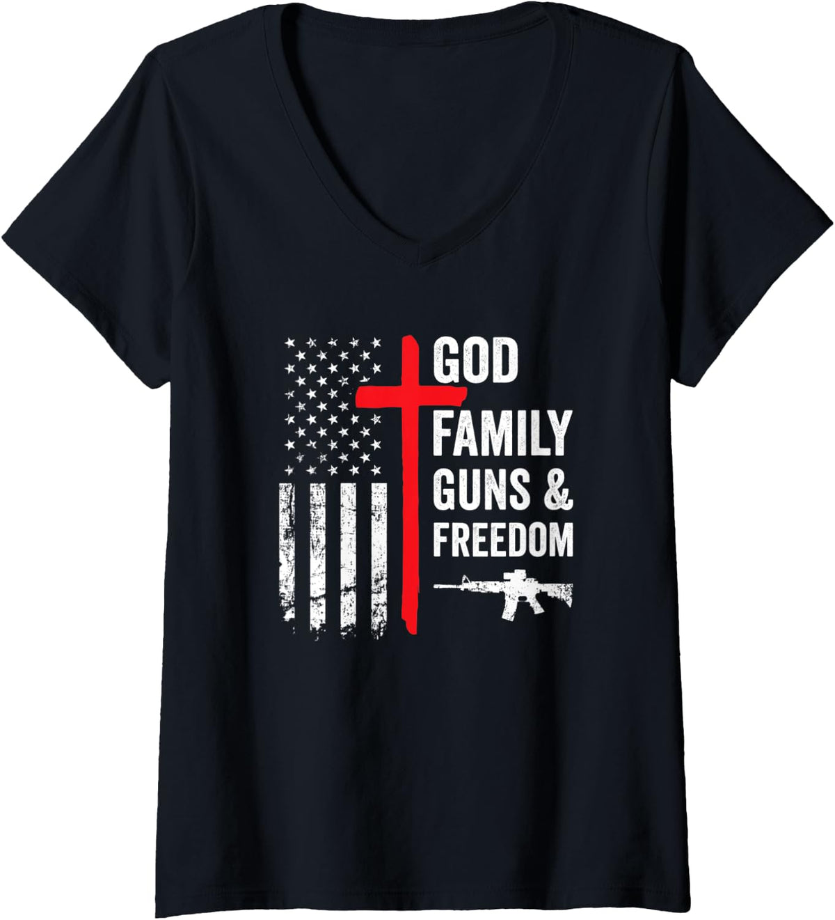 Womens God Family Guns Freedom Pro Gun Christian Usa Flag V Neck Apparel Gift Ready