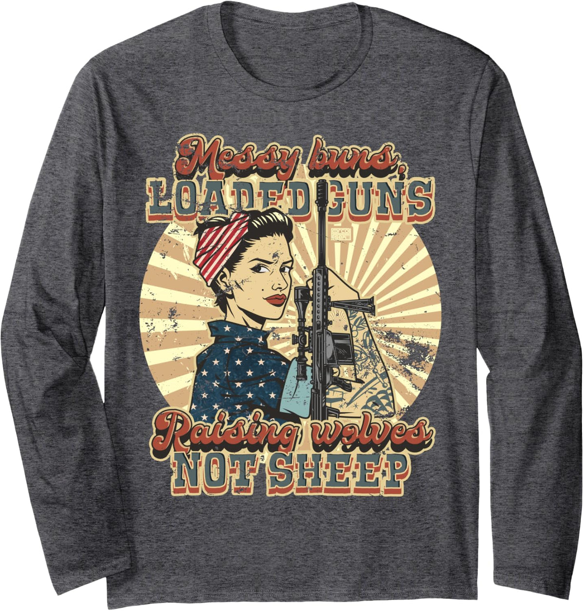 Vintage Patriotic Usa Messy Buns Guns Raising Wolves Sheep Long Sleeve Apparel US Trend