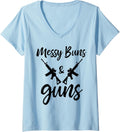 Womens Funny Girl Gun Lover Gift Messy Buns And Guns V Neck Apparel US Trend