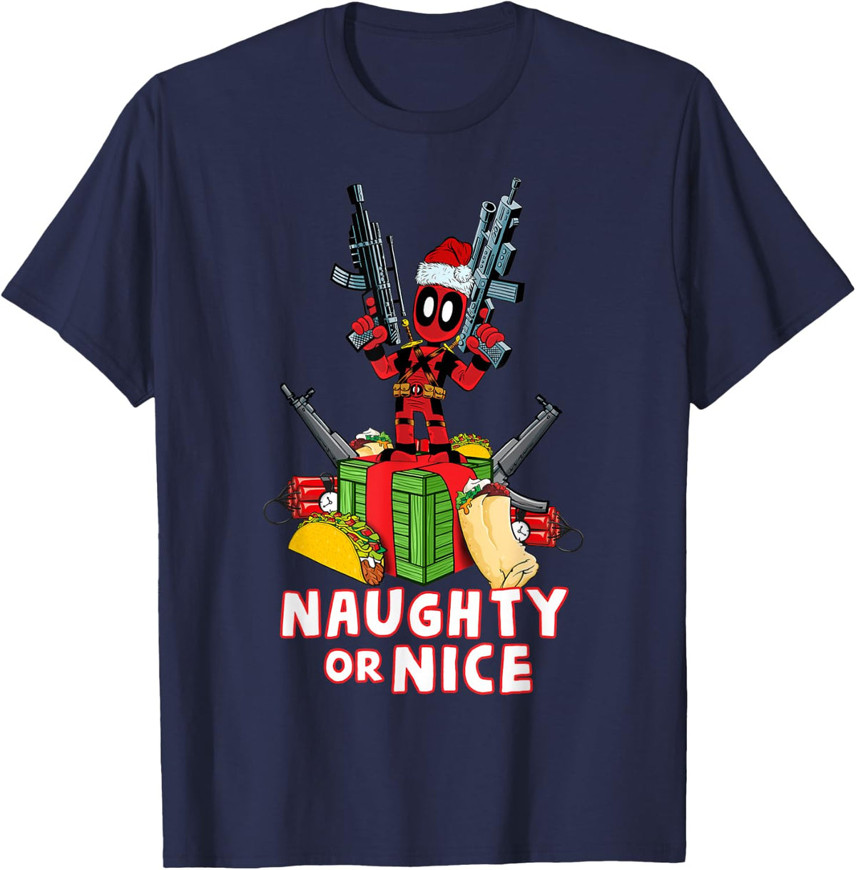 Deadpool Naughty Nice Guns Tacos Christmas T Shirt T Shirt US Trend
