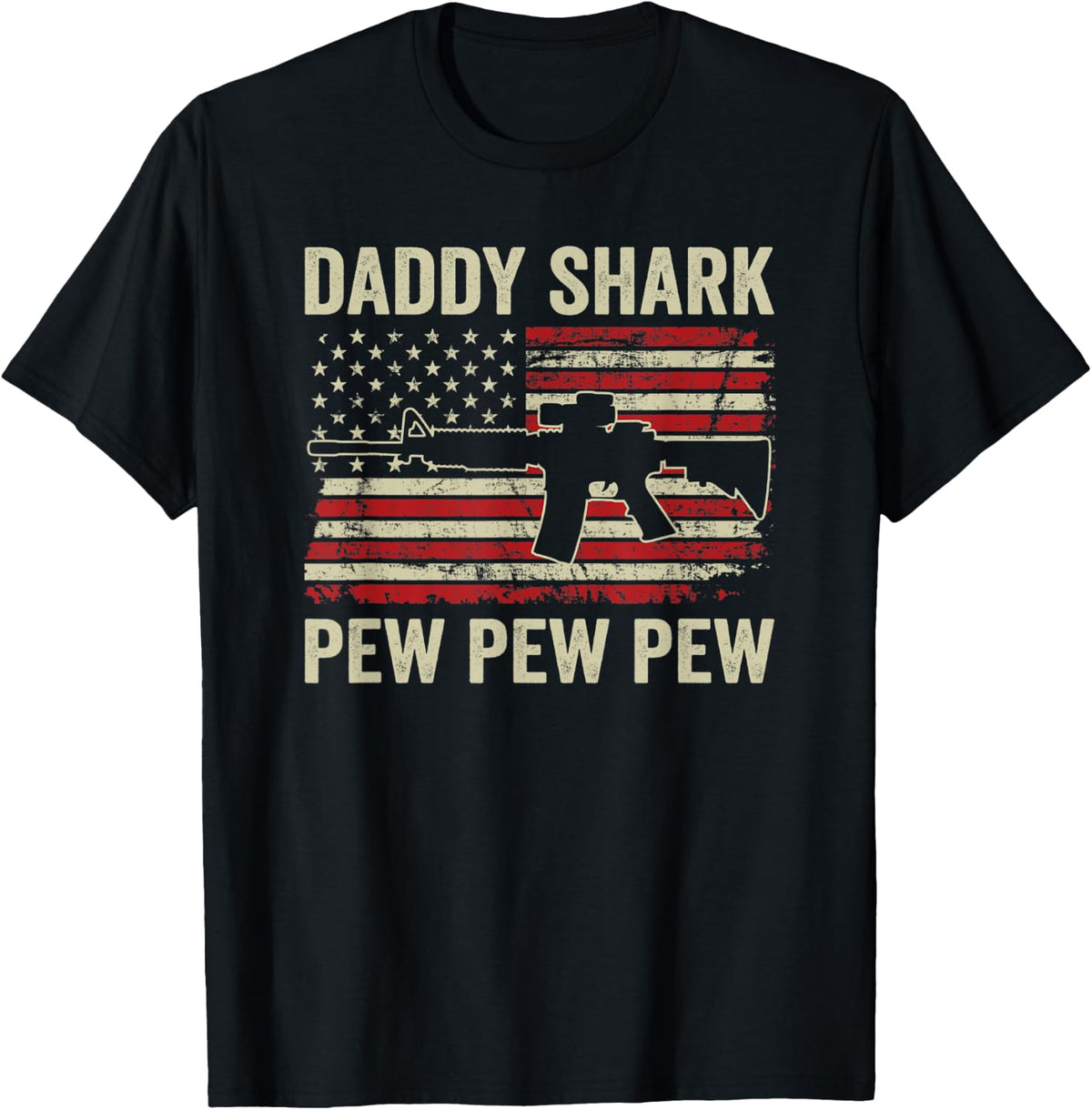 Daddy Shark Pew Ar15 Vintage Usa Flag Gun Loving Dad Apparel Everyday Wear